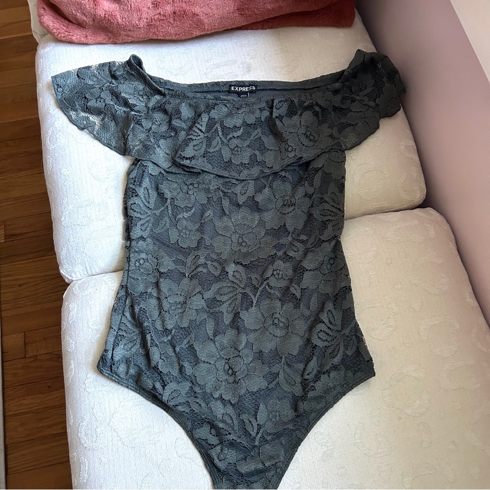 Express Olive/Gray Lace Bodysuit S